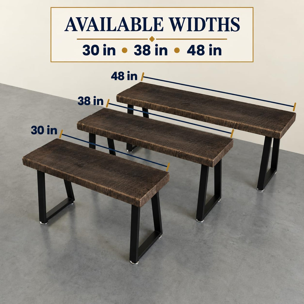 Rustic Revival Reclaimed Barnwood Bench, Solid Wood with Metal Base, Modern Farmhouse Style, 2-Inch Thick Top, (38x12)
