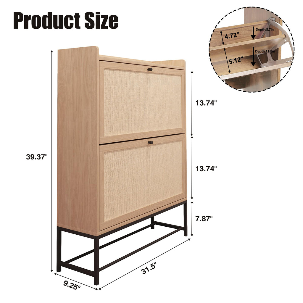 Narrow Shoe Storage Cabinet with 2 Flip Drawers, Freestanding Shoe Organizer Slim Shoe Cabinet Storage, Wooden Closed