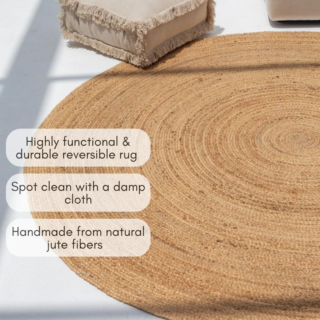 Handwoven Jute Area Rug - 6 feet Round - Natural Yarn - Rustic Vintage Beige Braided Reversible Rug - Eco Friendly