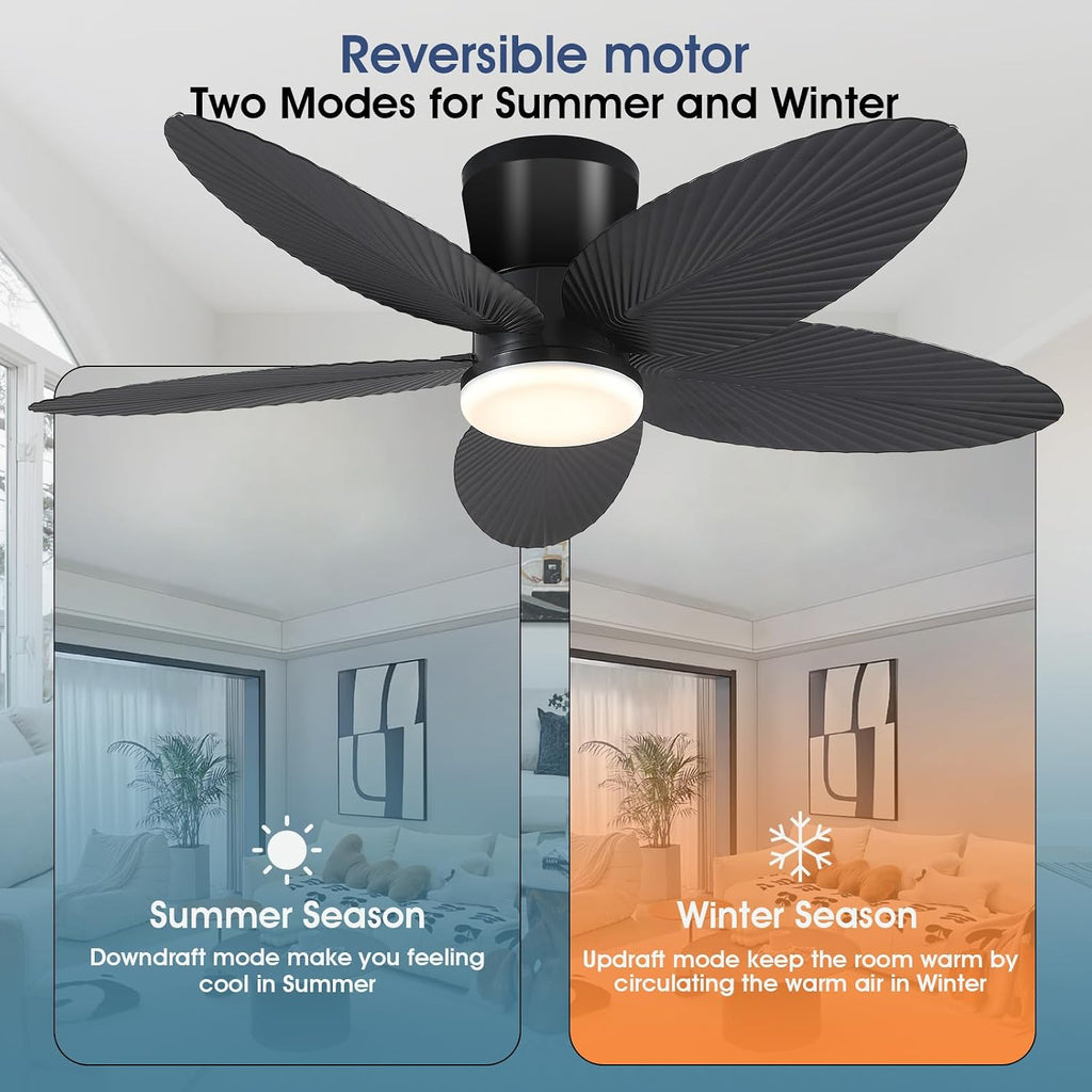 Palm Leaf Ceiling Fans with Lights-42 Tropical Ceiling Fan with Light and Remote/APP Control,Flush Mount Low Profile Black Ceiling Fans for Bedroom,Indoor/Outdoor Patio Use A101-B0DLVQVJKJ