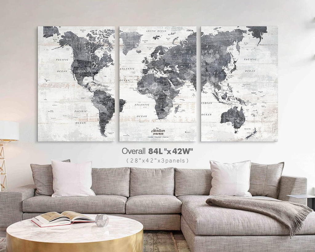 Framed Push Pin Travel Map World Motivational Canvas Picture Gray