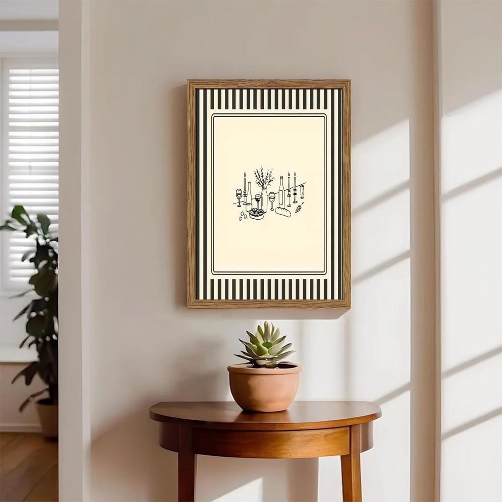 Framed Vintage Striped Kitchen Wall Art, Cozy Dining Table Supper Canvas Print, Minimalist Line Sketch Style Poster