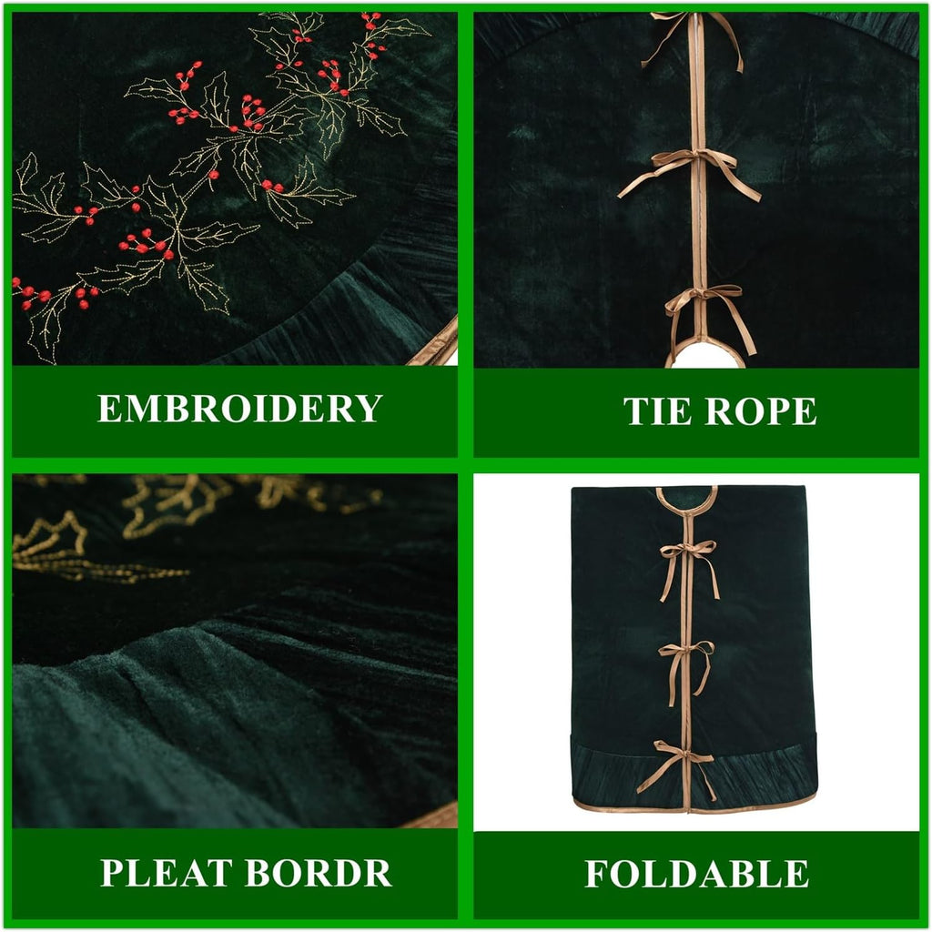 X.Sem Holly Leaf Embroidered Velvet Christmas Tree Skirt with Pleat Velvet Border 50'' (Dark Green, 50 inch)