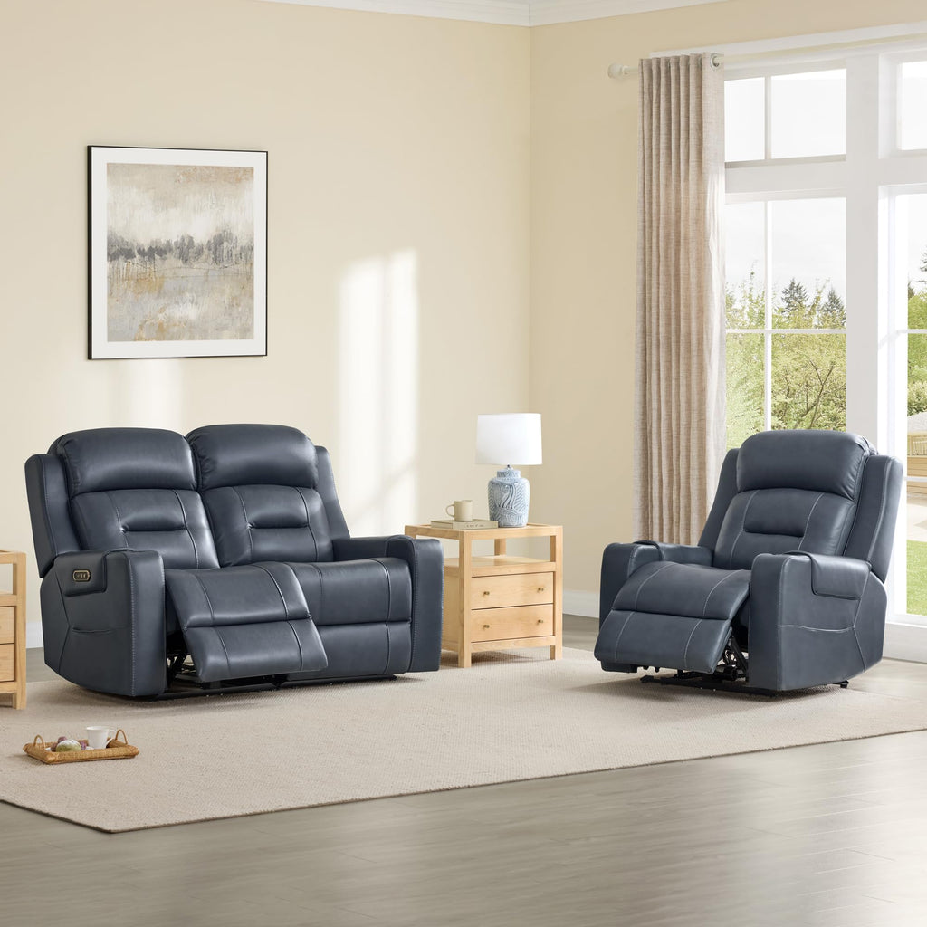 Genuine Leather Lay Flat Power Reclining Loveseat, Navy