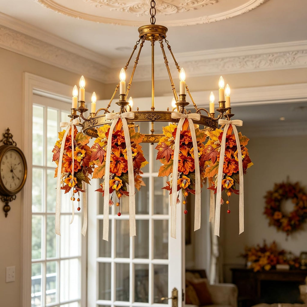 Fall Lantern Teardrop Swag with Bow 16" Mini Autumn Floral Swag with Peony Wheat Maple Leaves Thanksgiving - Set of 6