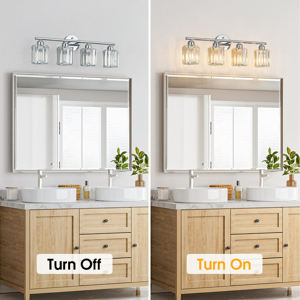 Modern 4-Light Crystal Vanity Lighting, Chrome Bathroom Light Fixture