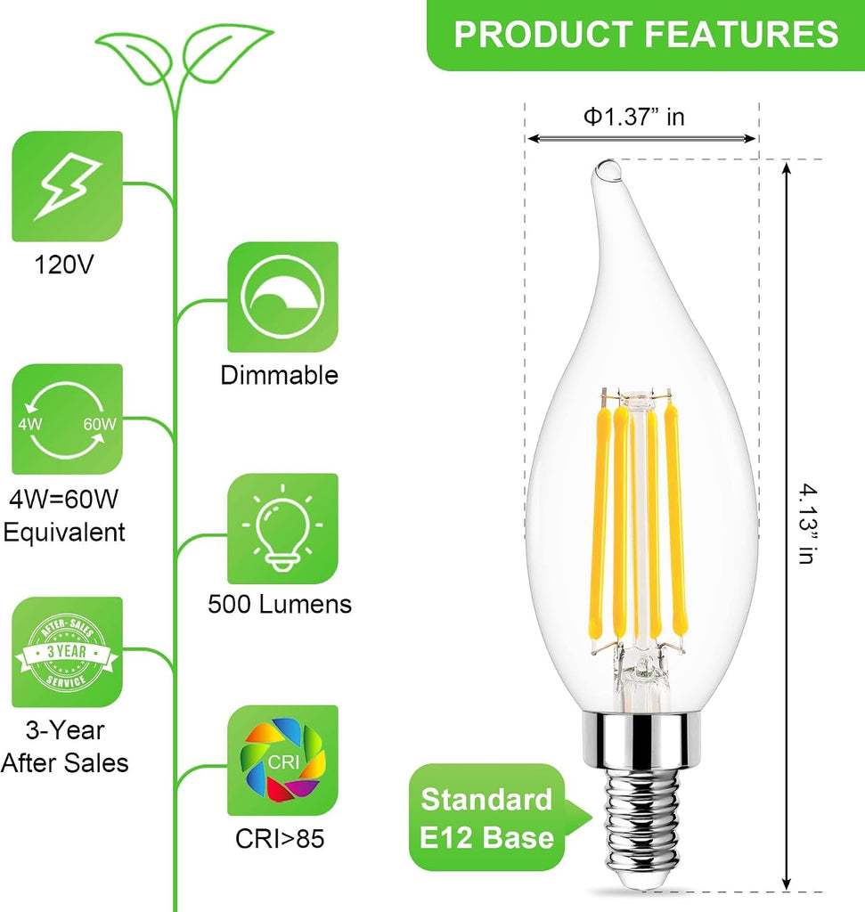 Dimmable E12 LED Bulb 60 Watt Equivalent, Soft White 2700K, 500 Lumens, Candelabra LED Light Bulbs 4W, CA10 Flame Tip