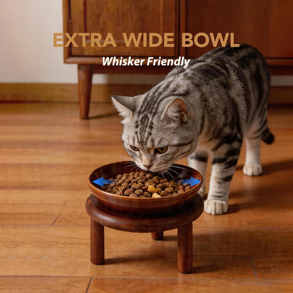 Elevated Cat Bowls, Ceramic Cat Bowl with Wood Stand, Wide Opening