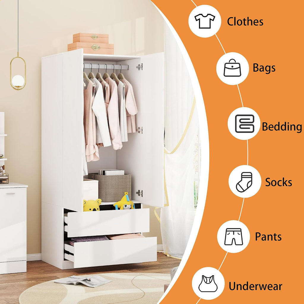 Armoire Wardrobe Closet with Drawers:75" Large White Wardrobe Closet Cabinet with 4 Doors for Hanging Clothes, Modern