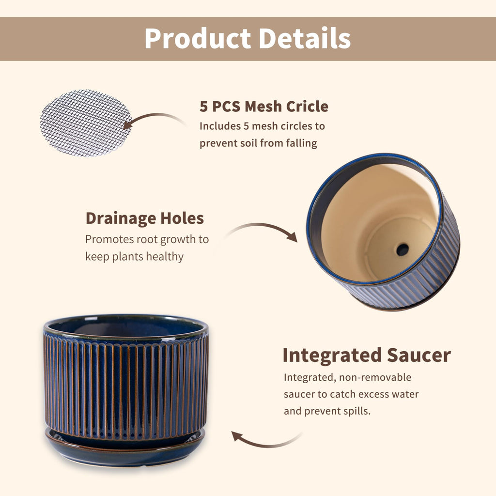 Ceramic Plant Pots Set of 3, 4.3+5.5+6.8 Inch Indoor Outdoor Planters with Drainage Hole and Saucer, Ceramic Flower