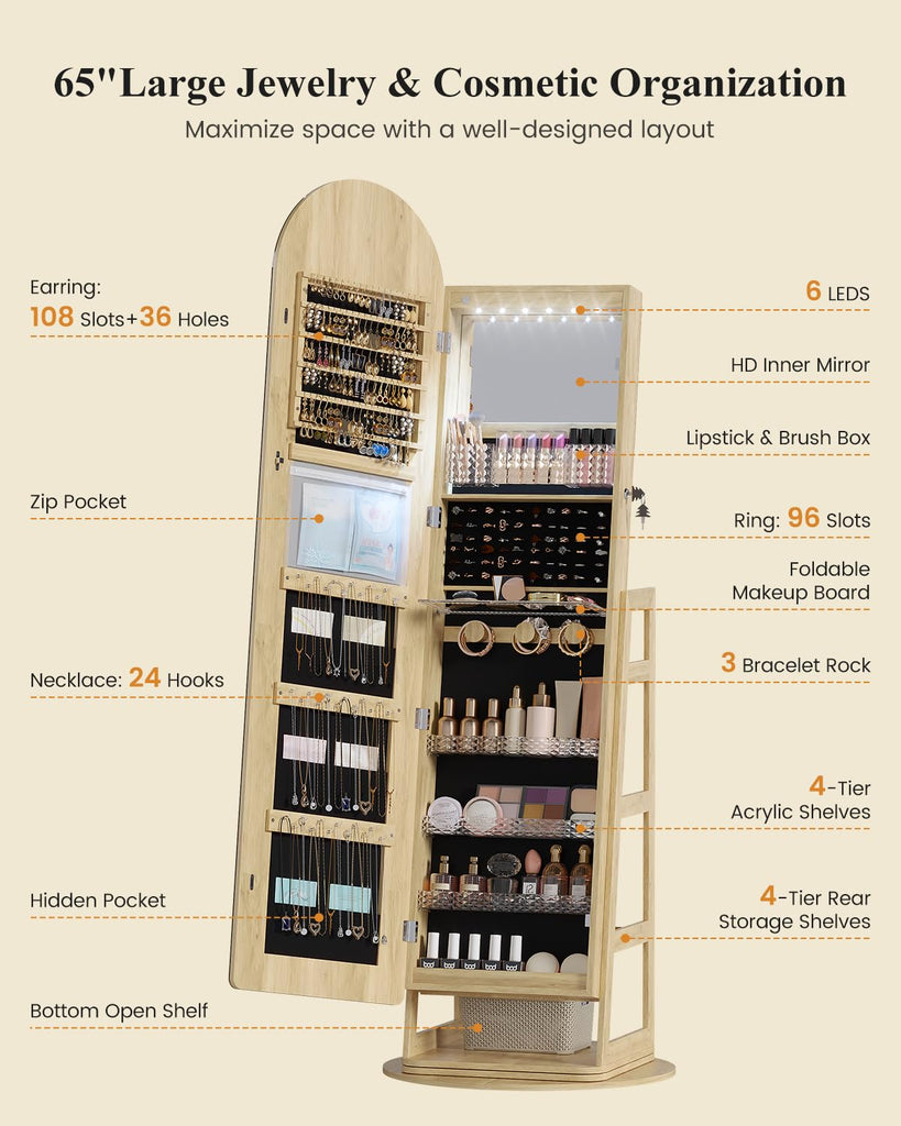LED Arched Mirror Jewelry Cabinet Standing, Lockable Jewelry Armoire