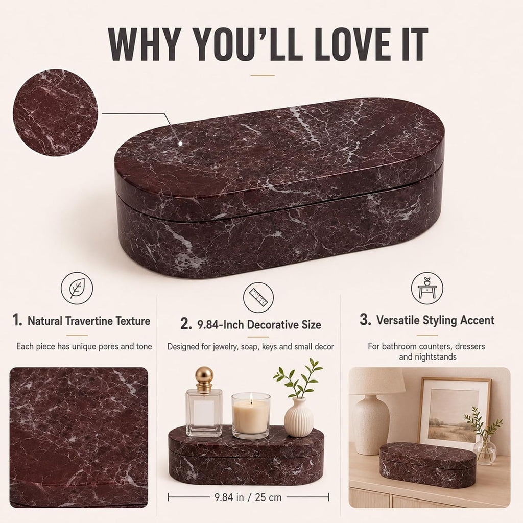 Violet Red Marble Storage Box with Lid, Oval Jewelry Organizer