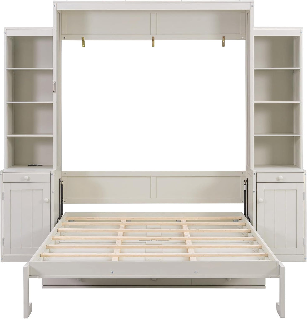 Queen Murphy Bed with Desk & Storage, Wood Wall Bed for Apartments Bedroom Home Office Studio (White#B, Queen)