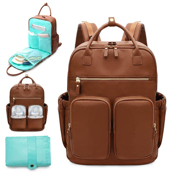 Diaper Bag Backpack, Leather Baby Bag with 18 Pockets, Diaper Backpack for Women Mom, Travel Baby Bag for Girl Boy