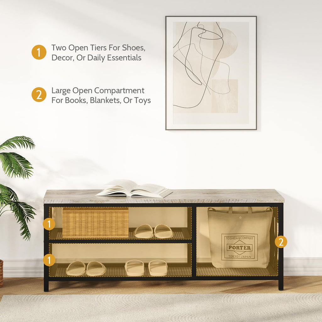 Entryway Storage Bench with Shoe Rack, 47.2" Wide Hallway Bench with Seating, Rustic Wood Top & Metal Frame, 2-Tier