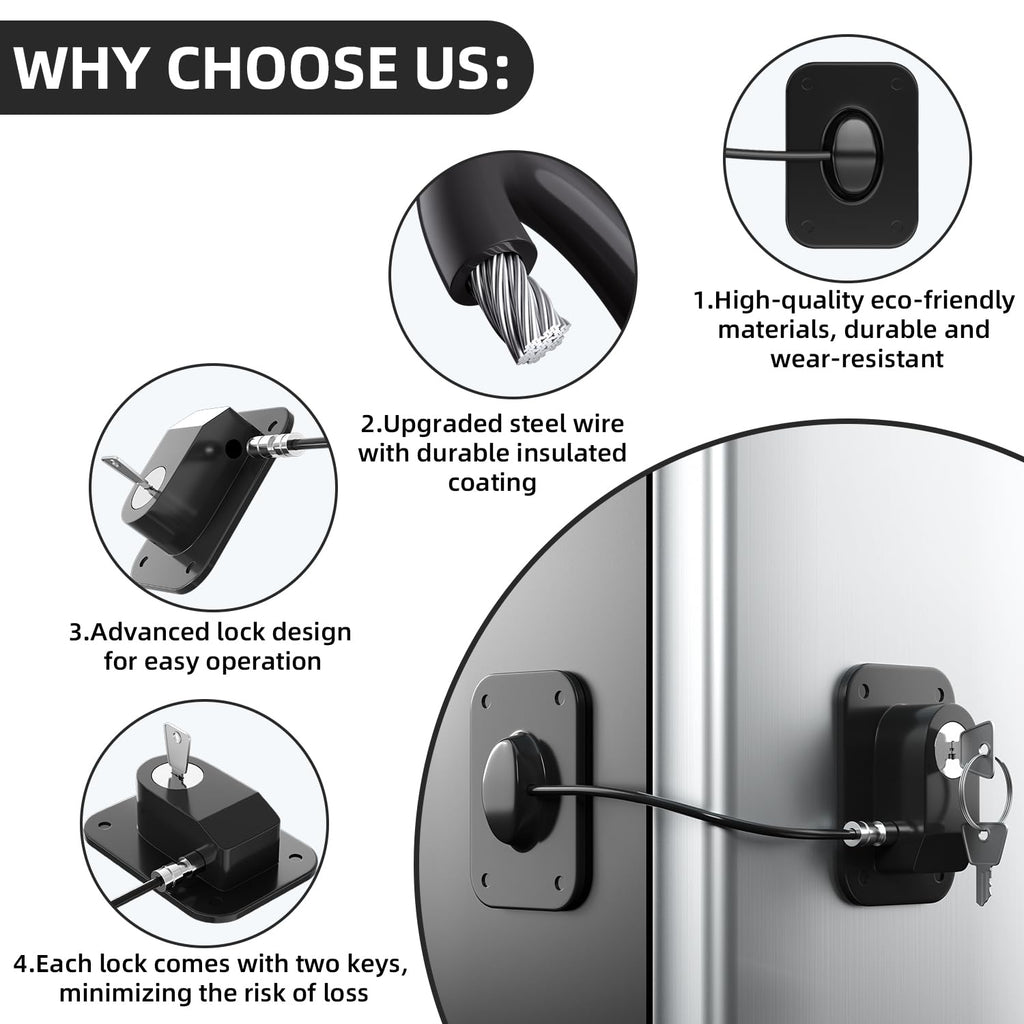 Refrigerator Lock 2 Packs, Fridge Lock with Silicone Wire Protection Fridge Locks for Kids Easy to Use and Install