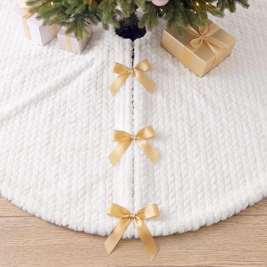 Christmas Tree Skirt, 60-Inch White Cable Knit Decor