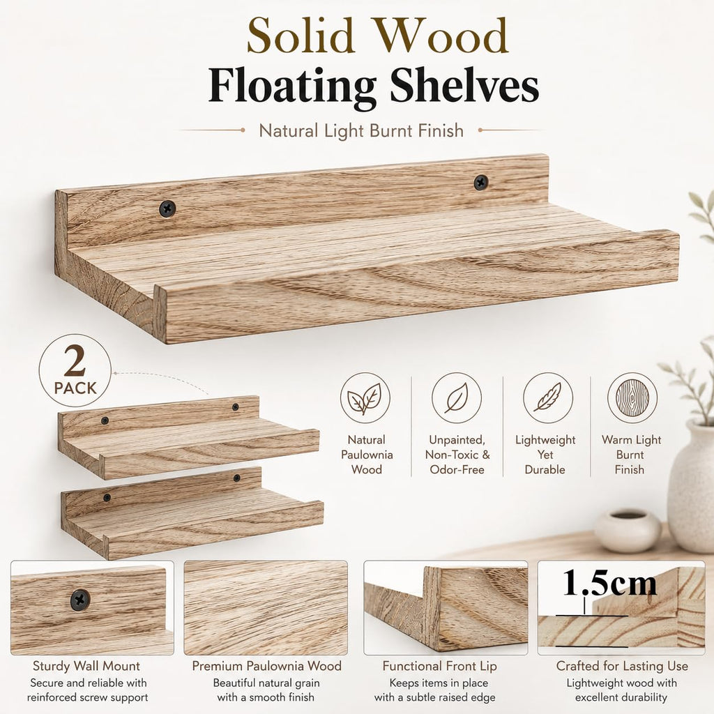 Mini Floating Shelves, Small Natural Wooden Display Wall Shelf for Picture Ledge, Natural Color, Wall Mounted, 12 x
