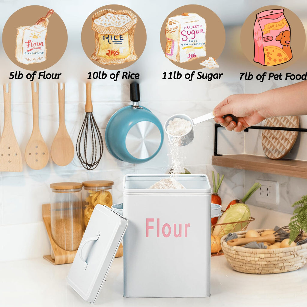 Metal Flour Container with Scoop and Lid, 6.3 Quart (Holds up to 7 lbs), Galvanized Steel Flour Canister with