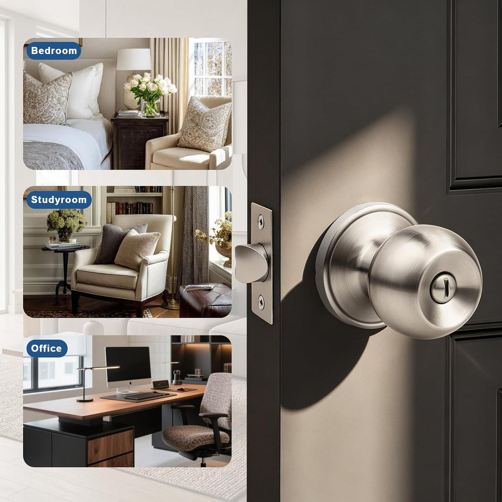 2 Pack Privacy Door Knobs Satin Nickel, Keyless Door Knobs Interior , Round Door Handles Stainless Steel, Classic