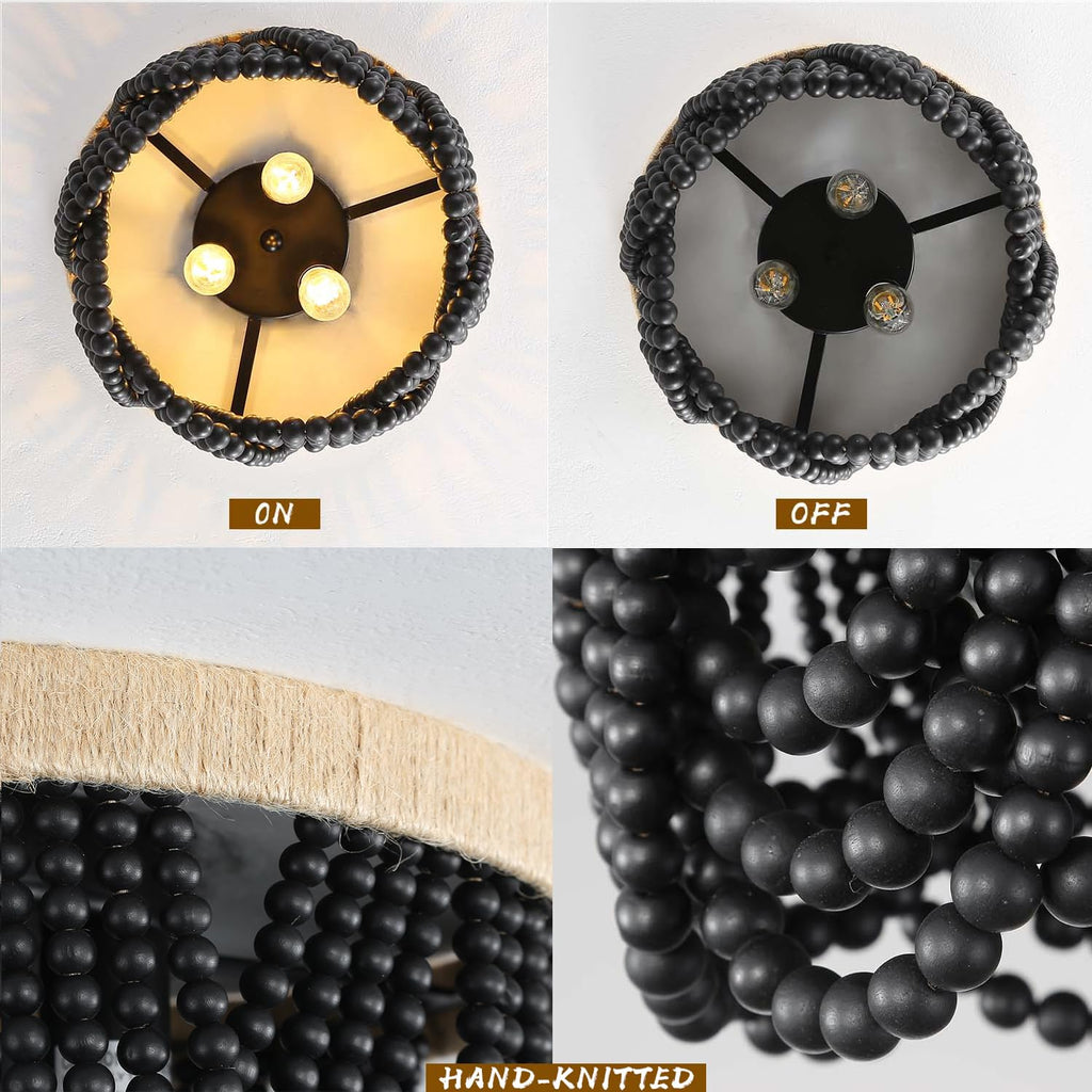 RyalQ 3-Light Black Wood Beaded Flush Mount Ceiling Light, Rustic Farmhouse Boho Small Chandelier, Vintage Decor