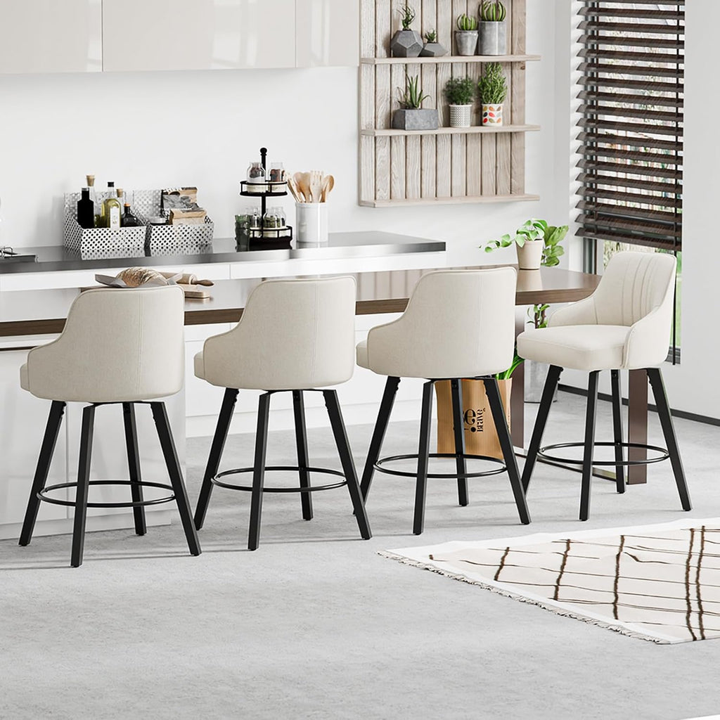 26" H Swivel Barstools Set of 2, Linen Fabric Upholstered Counter Stool with Back, Kitchen High Chairs Counter Height