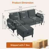 Convertible Sectional Sofa, Modern L Shaped 3-seat Sofa, 79" Linen Fabric Small Sectional Couch with Movable Ottoman