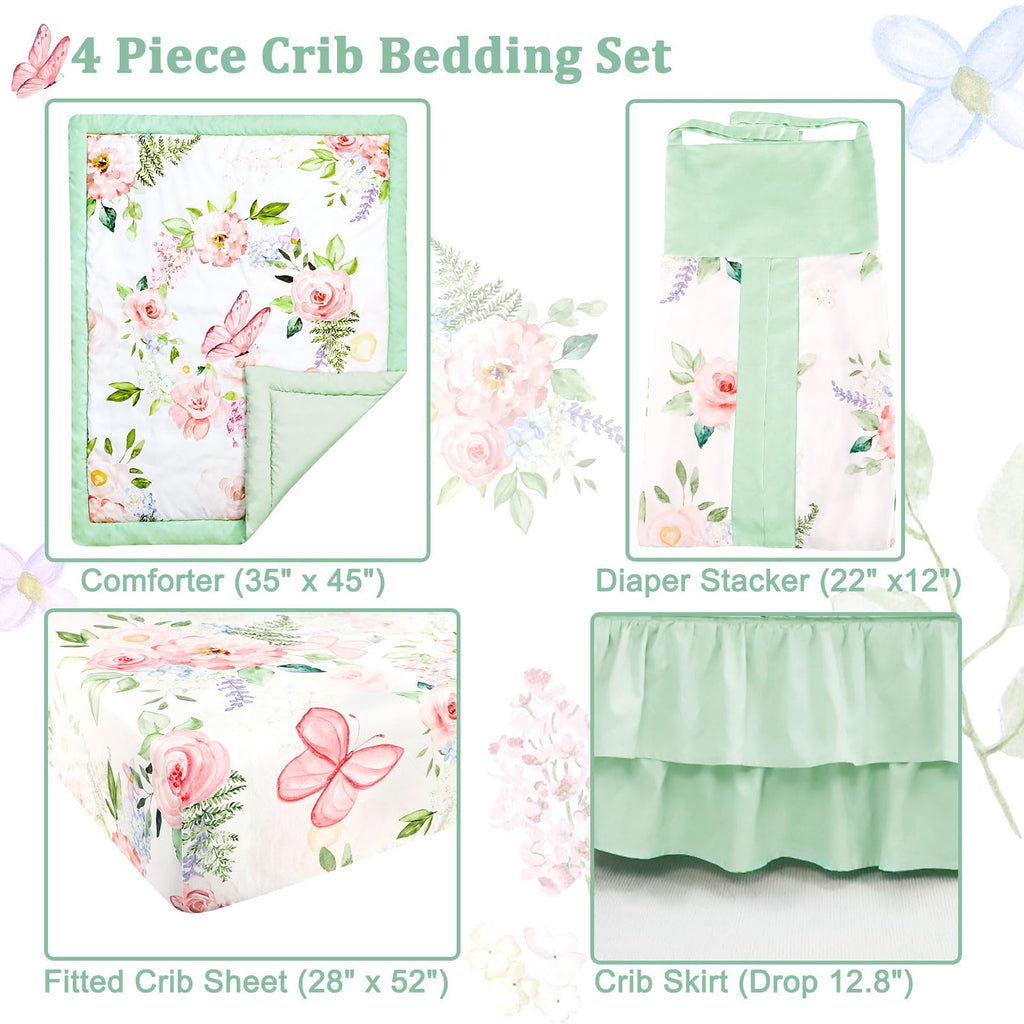 4 Piece Crib Bedding Set for Girls, Baby Girl Crib Bedding Set Butterflies Floral Nursery Bedding Set Includes