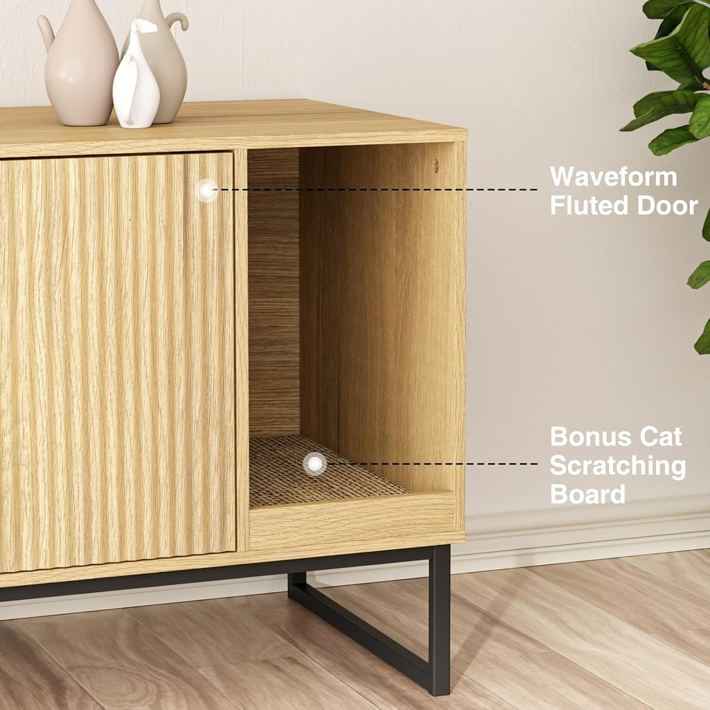 Cat Litter Box Enclosure, Fluted Hidden Litter Box Furniture with Scratch Pad and Metal Legs, Modern Enclosed Cat