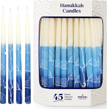 Dripless Premium Tapered Hand Decorated Multi Blue Frosted Hanukkah Candles, 45 Hanukkah Candles Premium Quality Wax - Set of 45