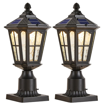 2 Pack Outdoor Solar Lamp Post Light with Pier Mount Base, Dusk to Dawn Aluminium Classic Exterior Pole Lamps with