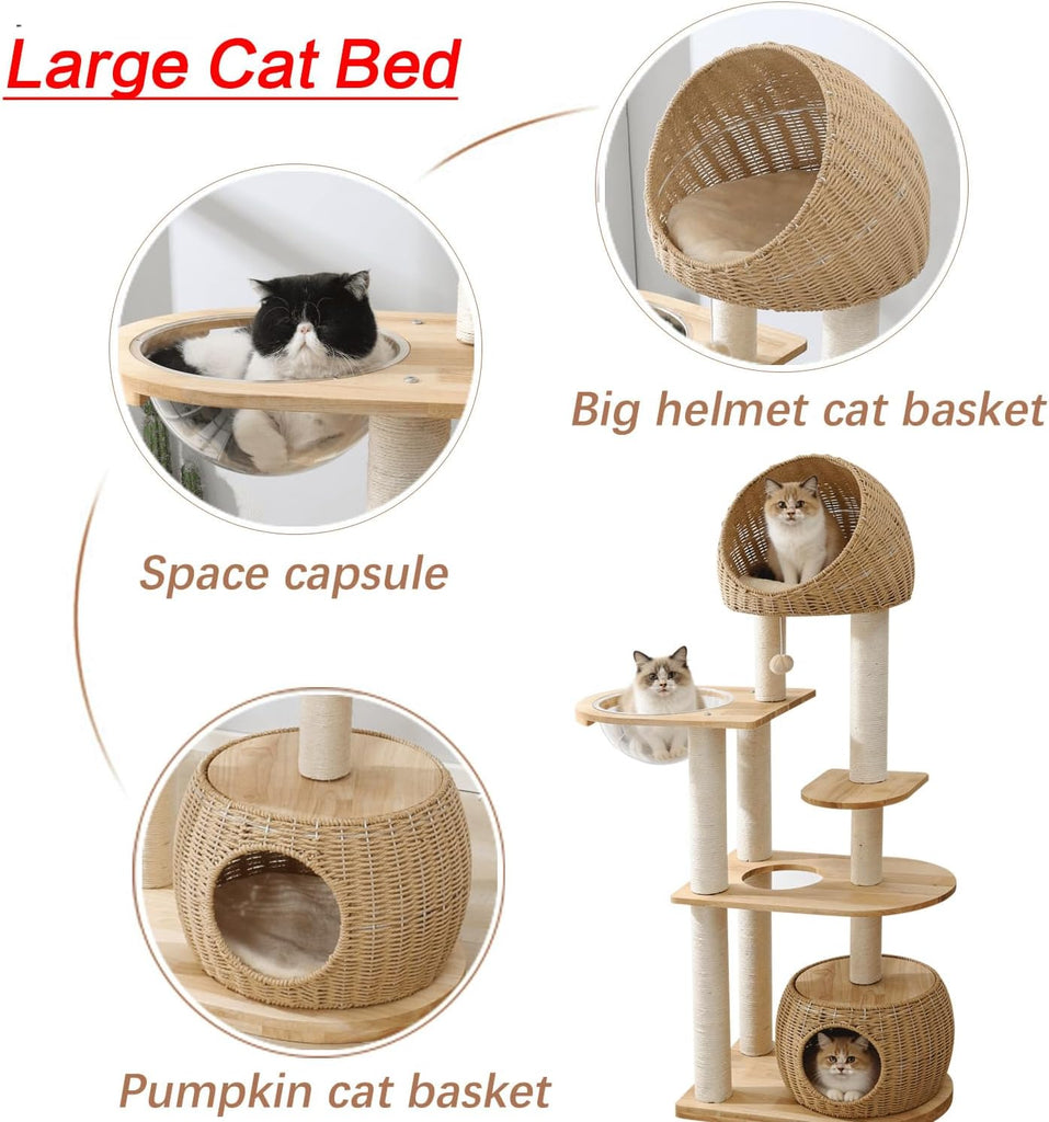 Wood Cat Tree for Indoor Cats, 59in Tall Cat Tower