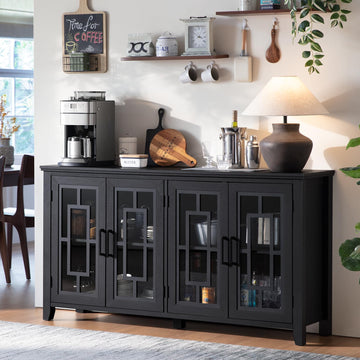 Large Sideboard Buffet Cabinet with Storage, 63" Farmhouse Credenza with 4 Glass Doors, Adjustable Shelves Console