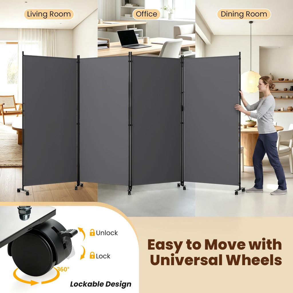 4-Panel Folding Room Divider with Wheels, 137'' x 71'', Gray