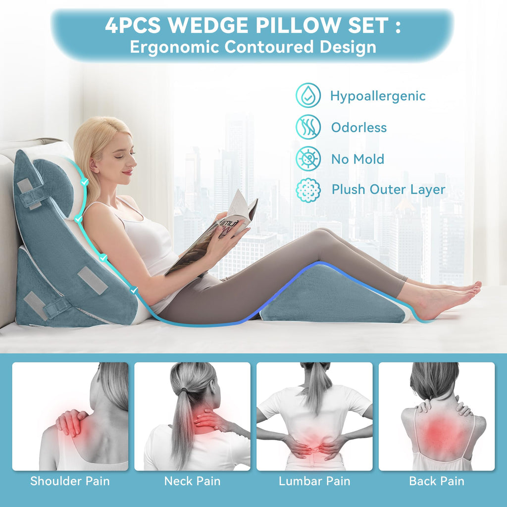 4PCS Orthopedic Bed Wedge Pillow Set for After Surgery, Memory Foam Support Pillow for Back, Neck and Leg Pain