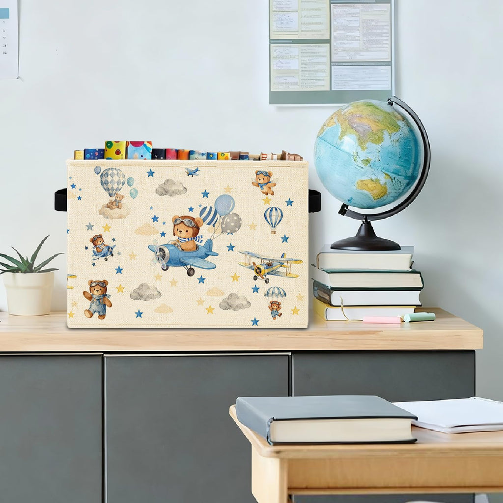 Blue Space Bear Storage Bins Box with Handles, Hot Air Balloon Bear Spaceman Laundry Basket Hamper Collapsible