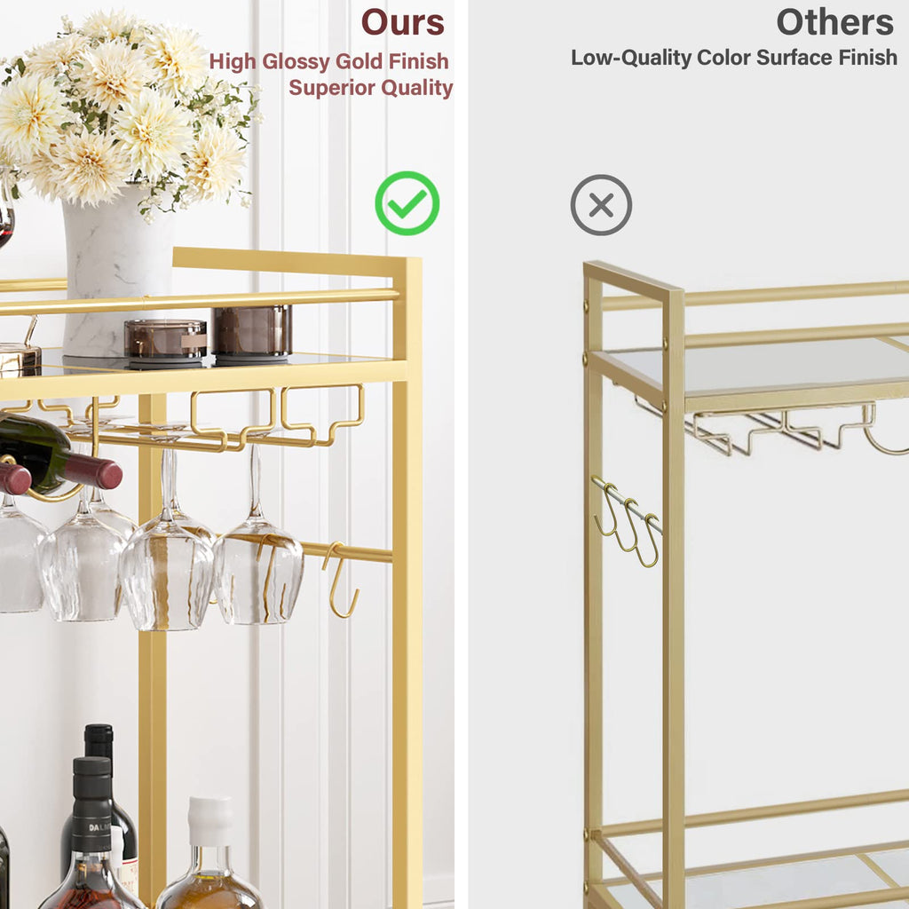 Gold Bar Cart with 2 Mirrored Shelves, Wine Rack & Glass Holder