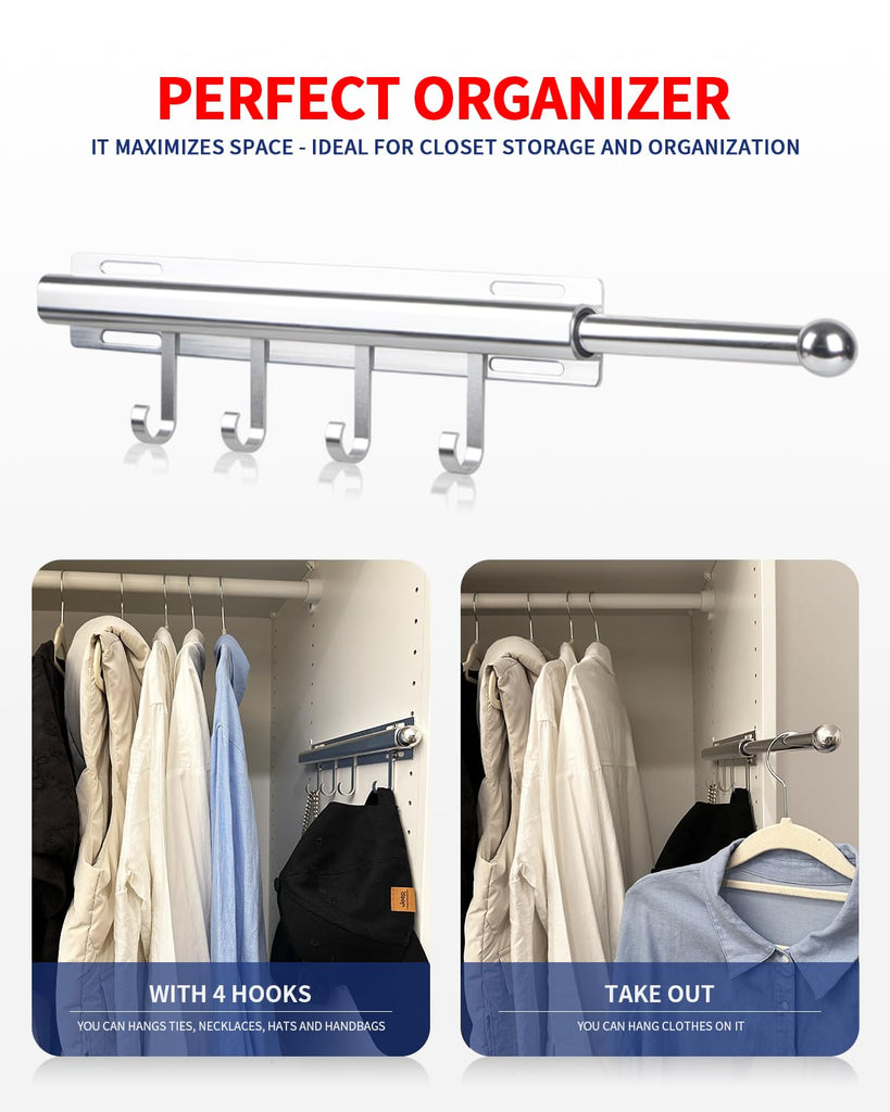 Valet Rod for Closets Pull Out 12" Silver with 4 Hooks