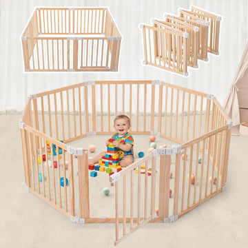 Foldable Wooden Playpen-61"x61"x25"-Large Baby Gate Playpen with Child-Proof Lock-Easy Assembly, Portable Design for