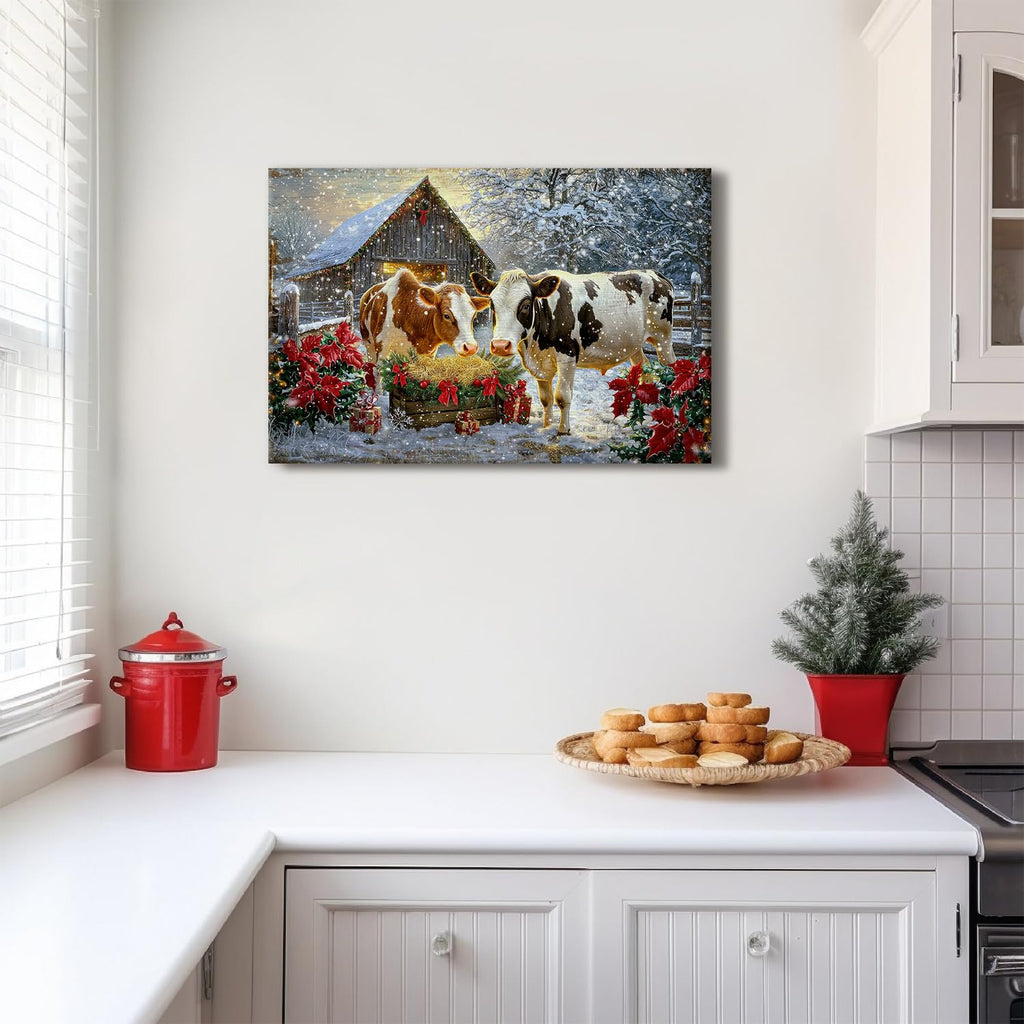 Farmhouse Cow Canvas Wall Art Living Room Bedroom Kitchen Wall Decor Merry Christmas Print Painting Framed