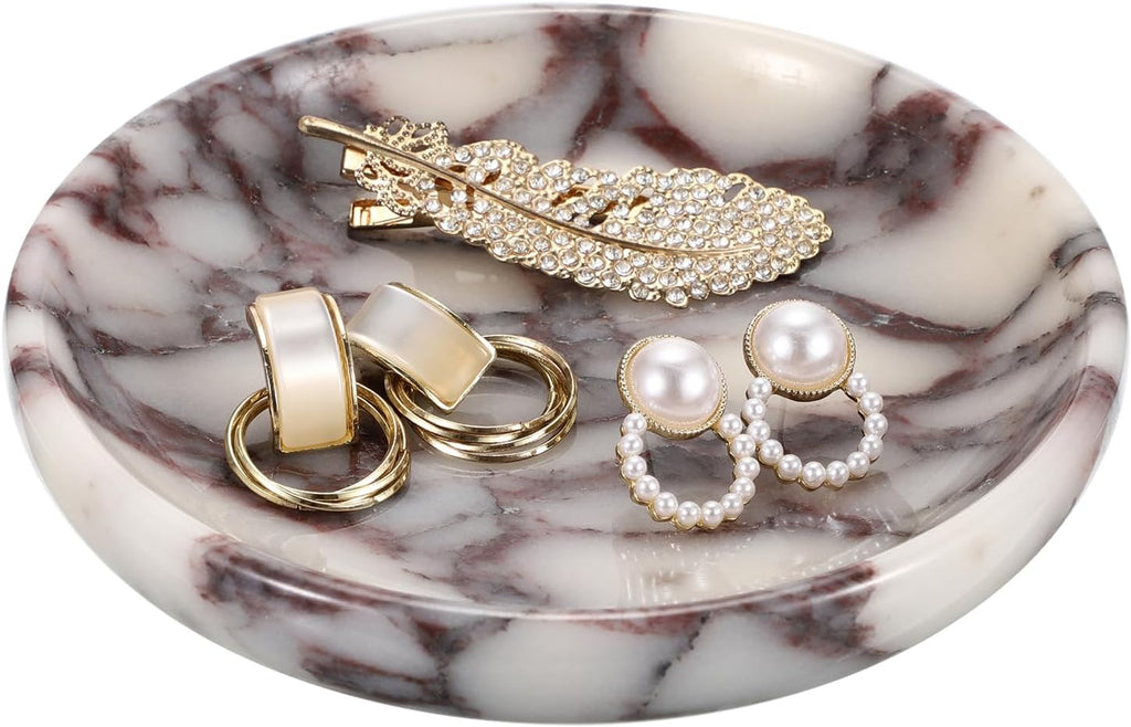 Small Round Key Bowl for Entryway Table - 5.5" Natural Marble Jewelry Dish Tray Decorative Key Plate Holder Catch All