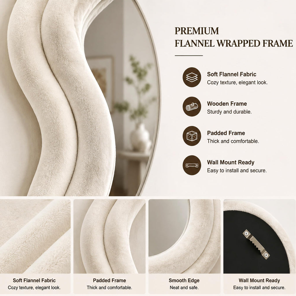 63"x24" Full Length Floor Mirror, Irregular Wavy Wave Arched Design, Wall Mounted or Leaning Standing, Flannel