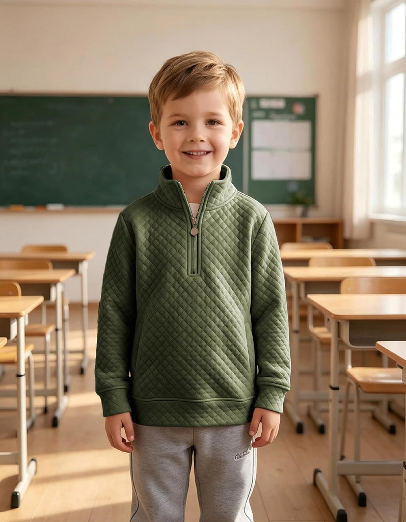 Toddler Boys Quarter Zip Quilted Sweatshirts Baby Kids High Neck Long Sleeve Pullover Shirt Clothes