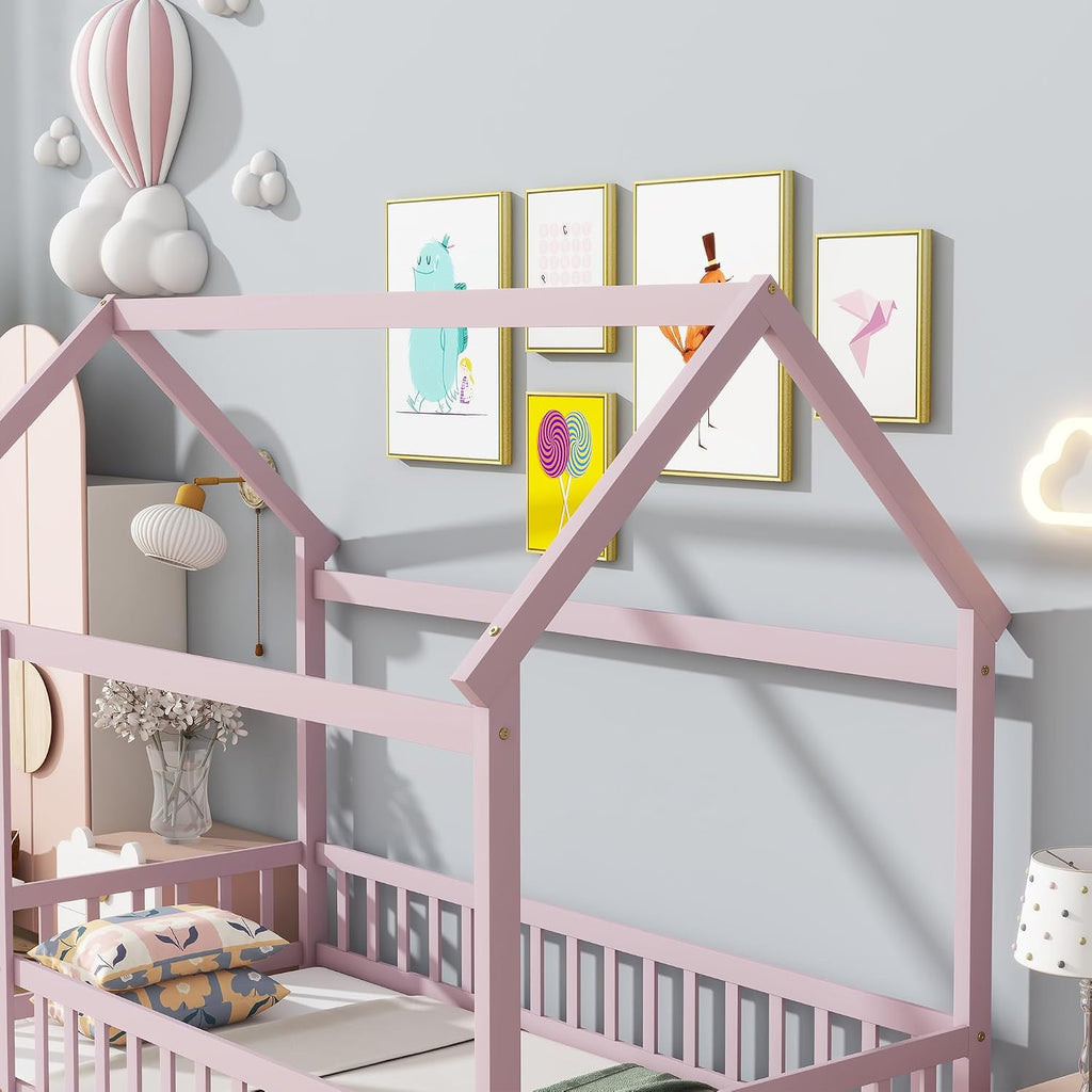 Montessori Floor Bed, White Wooden Canopy Bed, Pink