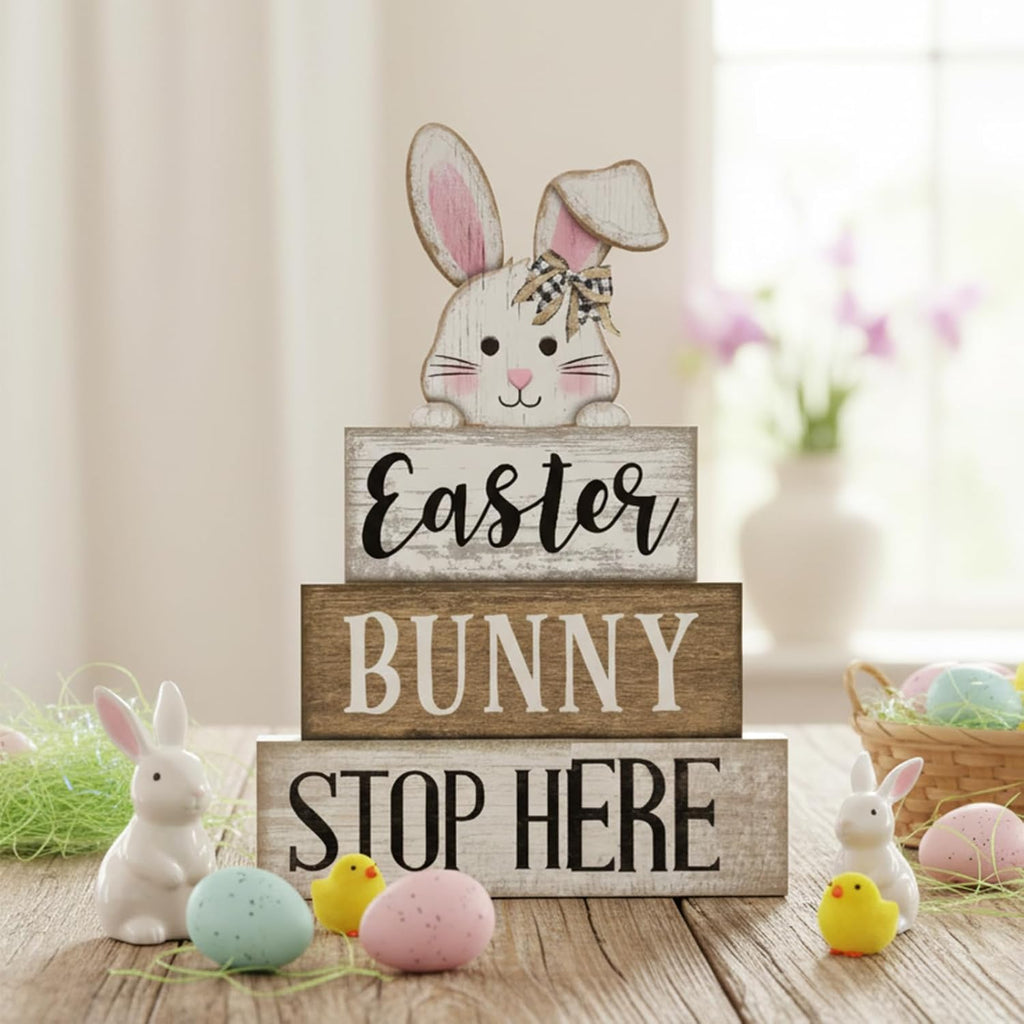 Easter Bunny Wood Signs Farmhouse Tiered Tray Table Decor - Set of 4
