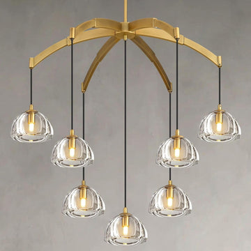 Modern Chandeliers, Large Arc Chandelies for Living Room, Brass Round High Ceiling Chandelier for Dining Room, 7-Light Living Room Light Fixture 34" Pendant Light Chandelier for Staircase Bedroom