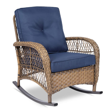 Outdoor Wicker Rocking Chair, Patio Rattan Rocker Chair with Cushions & Steel Frame, All-Weather Rocking Lawn Wicker