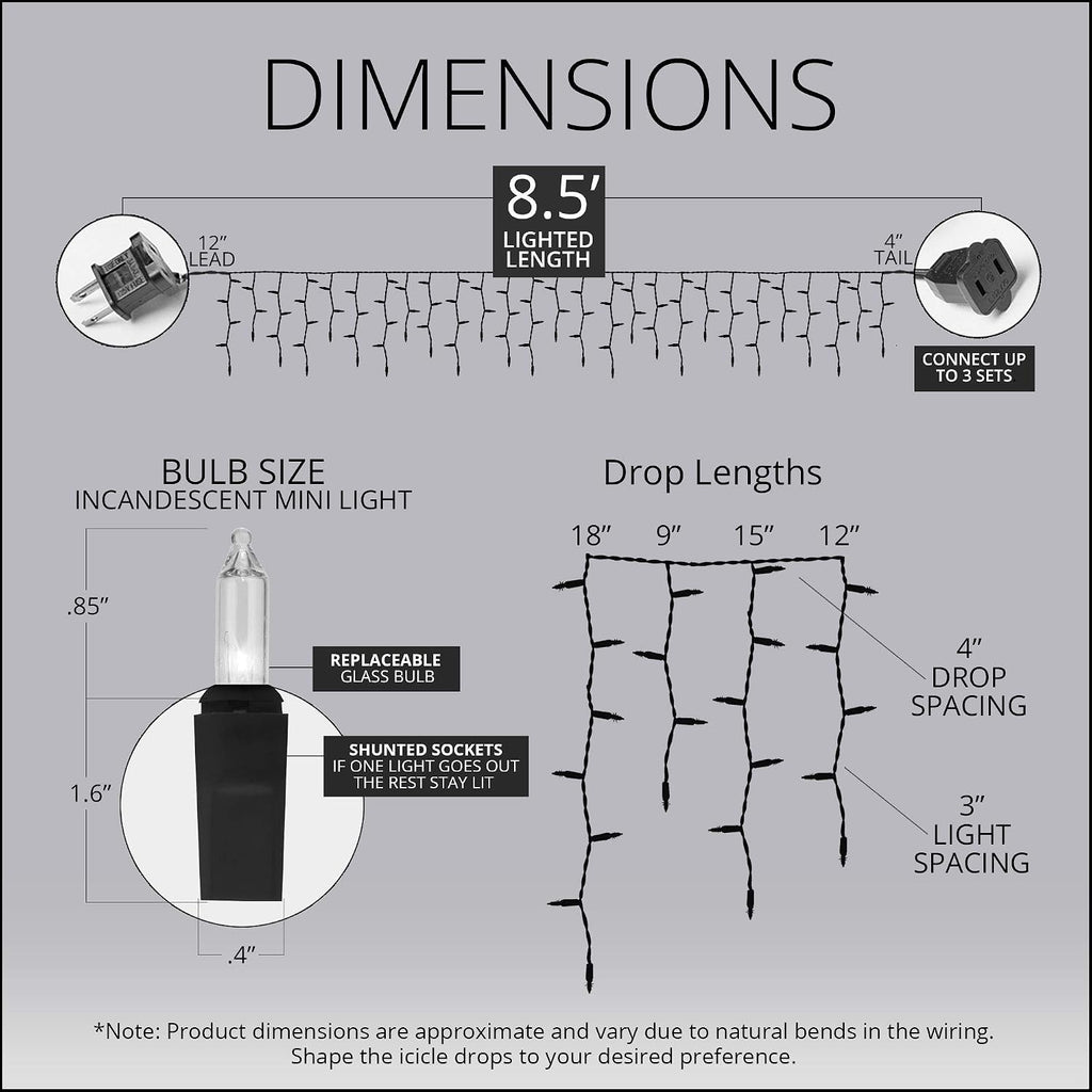 8.5 ft Clear Commercial-Grade Incandescent Icicle Lights, 150 Lights on White Wire Christmas Icicle Lights Outdoor