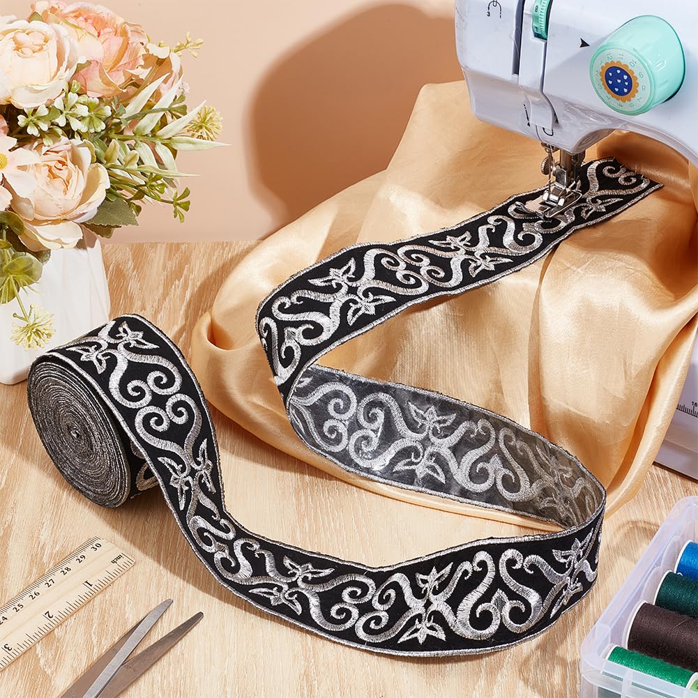 Black Silver Jacquard Ribbon, 1.9 Inch Hot Adhesive Floral Trim Iron on Sew on Embroidery Woven Ribbon for - 4.9 Yards