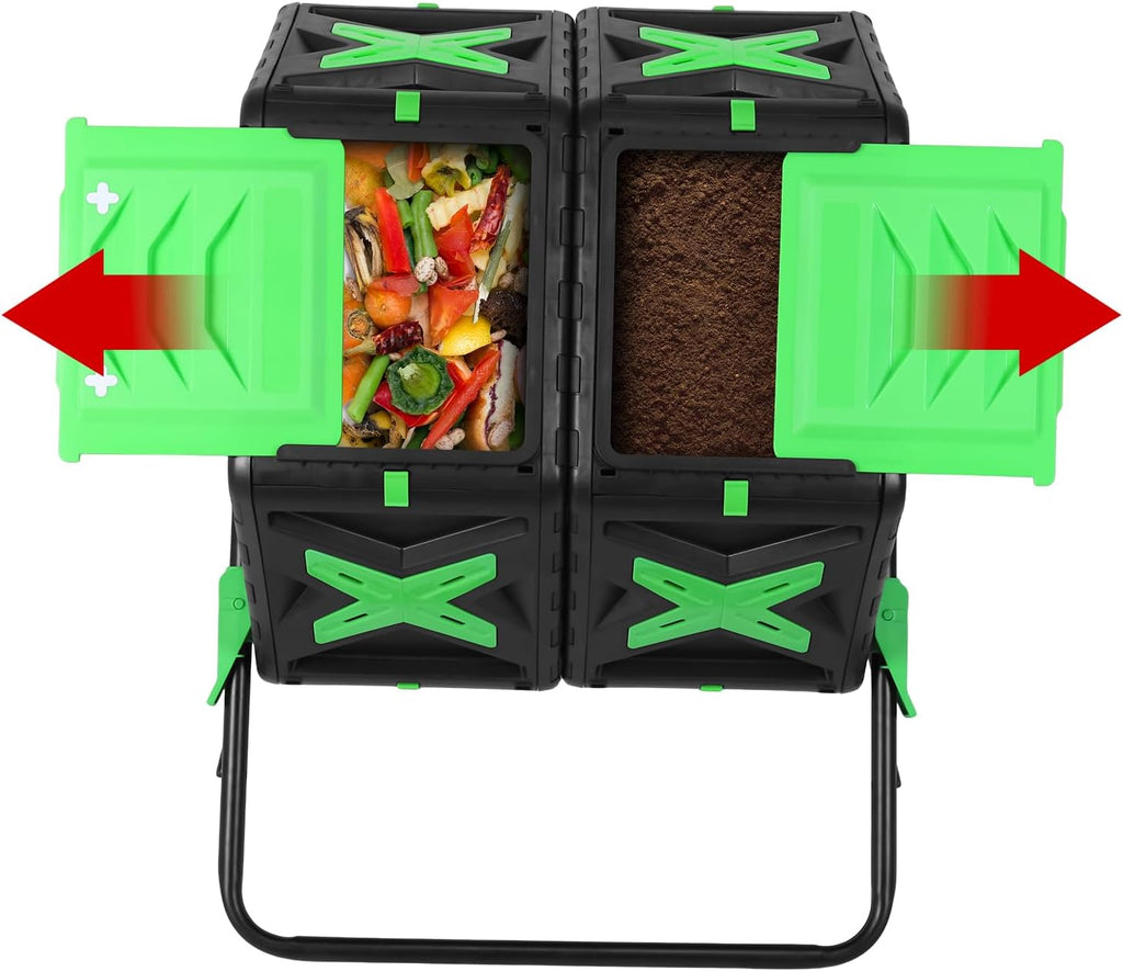 140L Dual Rotating Composter 360° Tumbling Bin Sliding Door Patio Garden Compost Maker